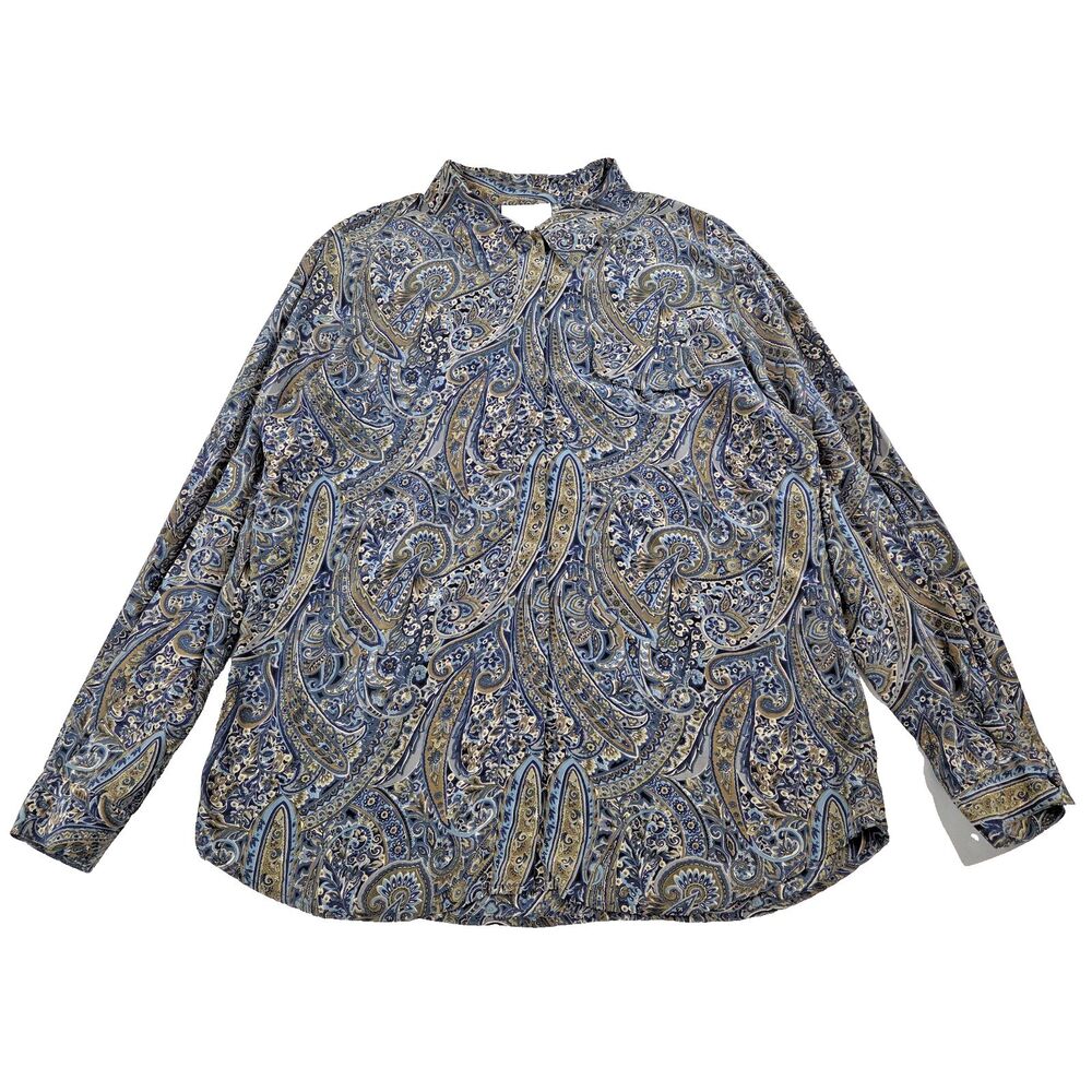 Vtg 90s Tess Womens Silk Longsleeve Button Down Top Paisley Print L Blue Green